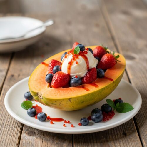 1765 Papaya and Strawberries with Sea Buckthorn Sauce