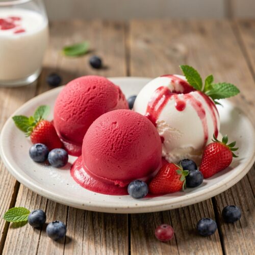 2427 Homemade Berry Ice Cream Duet (Raspberry Sorbet and Strawberry Ice Cream)
