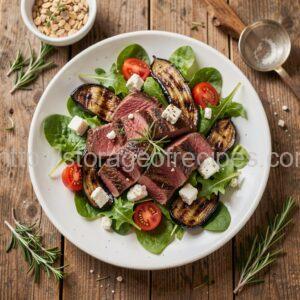Grilled Beef Salad with Roasted Eggplant and Red Onion