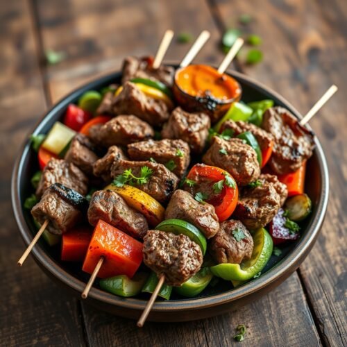 298 Grilled Vegetables with Lamb Kebabs