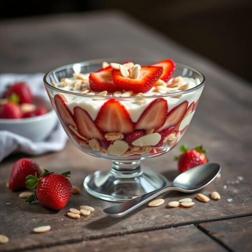 Strawberry Dessert with Sponge Cake and Almond Crumble