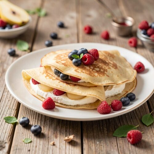 Lacy Crepes with Cottage Cheese, Pear, and Berries