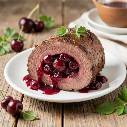 Cherry-Stuffed Beef Roulade with Cranberry Sauce