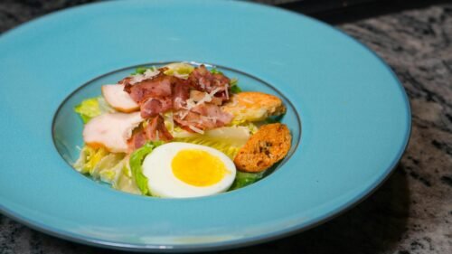 Homestyle Caesar Salad with Bacon and Rye Croutons
