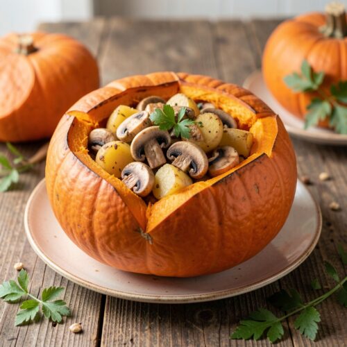 Pumpkin Baked with Button Mushrooms and Potatoes