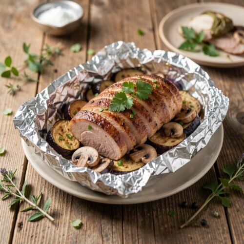 Pork Baked in Foil with Eggplant and Mushrooms