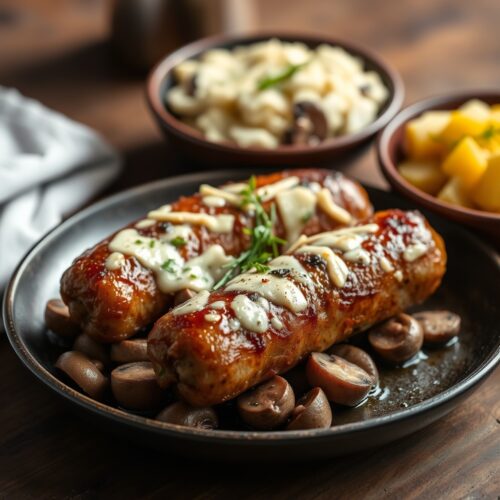 Frankfurters Baked with Mushrooms under Cheese