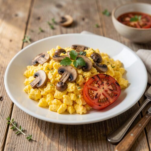 Creamy Scrambled Eggs with Mushrooms and Grilled Tomatoes