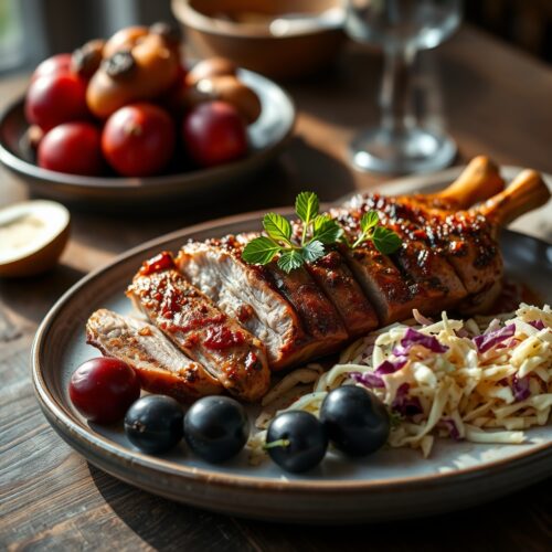 383 Duck with Plums and Coleslaw