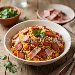 Rice with Sausages and Ham in Tomato Sauce