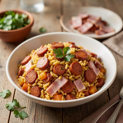 Rice with Sausages and Ham in Tomato Sauce