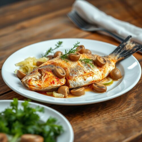 9916 Fish Baked with Cabbage and Mushrooms under Sour Cream