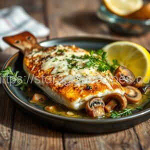 Pike Perch Baked with Mushrooms and Cheese