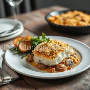 Flaked Fish with Mushrooms in Cream Sauce